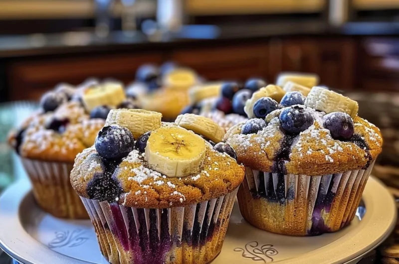 Fluffy Banana Blueberry Breakfast Muffins
